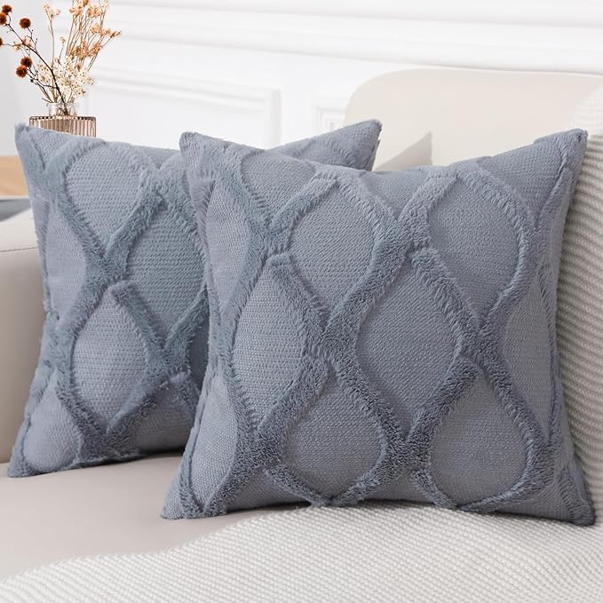 decorUhome Spring Throw Pillow Covers 18x18 Inch Set of 2, Soft Plush Faux Fur Wool Blue Grey Couch Pillow Covers, Decorative Neutral Pillow Cases for Bed Sofa Living Room Home Decor