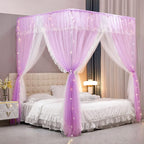 VETHIN 4 Corners Post Ruffle Princess Bed Canopy Curtain-Double Layer Cozy Drape Netting 4 Opening Mosquito Net for Girls Adults Bedroom Decoration (Double-Purple, 64" W*82" L*82"*H/(Queen))