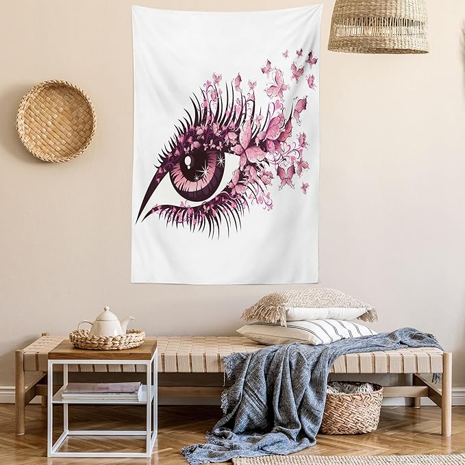 Ambesonne Butterflies Tapestry Queen Size, Female Eye Eyelashes Mascara Stare Party Makeup Animal Print, Wall Hanging Bedspread Bed Cover Wall Decor, 88" X 88", Pale Pink Purple