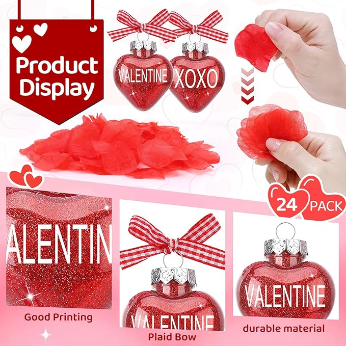 24pcs Valentines Day Ball Ornaments Set with Plastic Rose Petals 2.36 Inches Red Pink White Hanging Balls for Tree Wedding Home Anniversary Decor