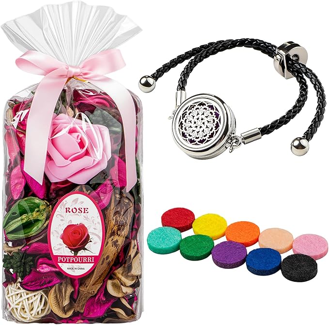 Potpourri Bags & Essential Oil Bracelet Set, Rose Scented Bowl Fillers, Fragrance Potpourri for Home Decor + Aroma Diffuser Stainless Bracelet, Gifts for Women, Mom, Aunt, Grandma, Wife-Pink
