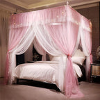 VETHIN 4 Corners Post Ruffle Princess Bed Canopy Curtain-Double Layer Cozy Drape Netting 4 Opening Mosquito Net for Girls Adults Bedroom Decoration (Pink/Whtie,78" W*86" L*82"*H/King)