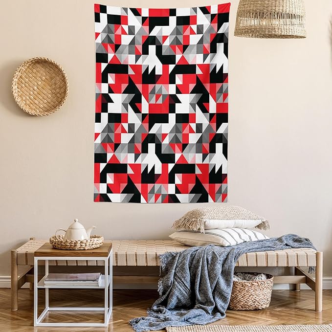 Ambesonne Abstract Tapestry Twin Size, Abstract Geometric Half Triangles Squares Maze Inspired Image, Wall Hanging Bedspread Bed Cover Wall Decor, 68" X 88", Charcoal Vermilion