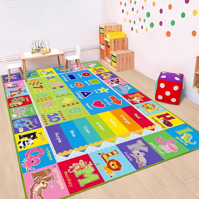 Kids Rugs for Playroom, ABC Carpet Educational Floor Play Mat for Kids, Preschool Rugs with ABC, Numbers, Animals Learning Carpet for Playroom Classroom Bedroom (Green, 78.7X59 INCH)