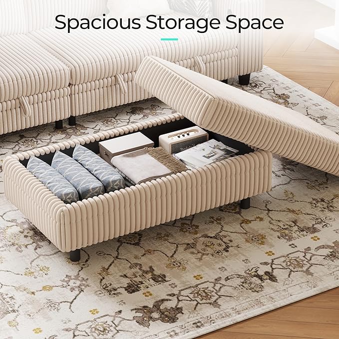 LINSY HOME Sectional Sleeper Sofa Storage Ottoman Bench, Convertible Coffee Table Plush Corduroy Couch Ottoman Footstool for Living Room, Bedroom Entryway and Family Room, Beige