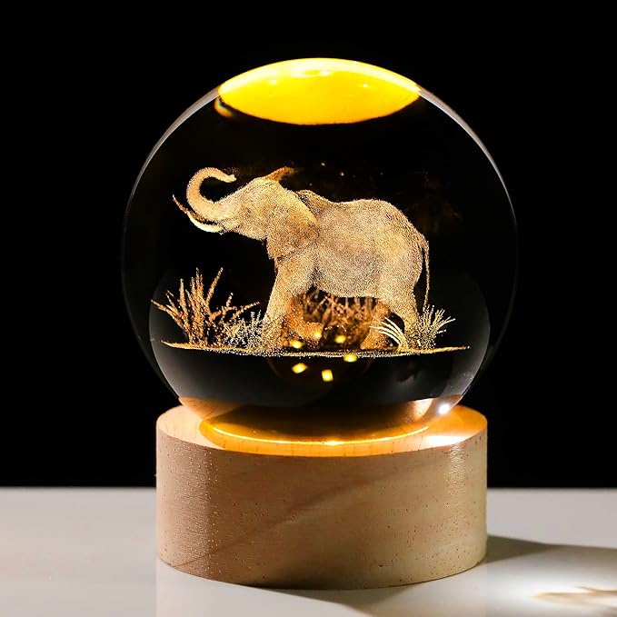 Elephants Gifts for Women Men 3D Elephant Crystal Ball with Wooden Light Base Glass Elephant Figurines Decor for Elephants Lovers on Christmas Valentine's Day Birthday (Diameter 2.36 inches)