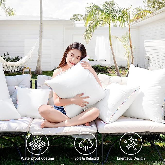LEBO 12 x 20 Outdoor Waterproof Pillow Inserts - TPU Coated, Soft Fluffy Down Alternative Lumbar Pillows for Patio Couch Sofa - White, Pack of 2