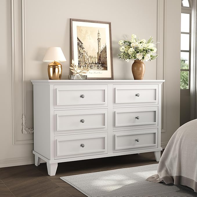 GarveeHome Farmhouse White Dresser for Bedroom with 6 Drawer, Double Dresser TV Stand with Vintage Handle, Wide Wood Dressers & Chests of Drawers, 6 Drawer Dressers for Bedroom, Living Room, Hallway