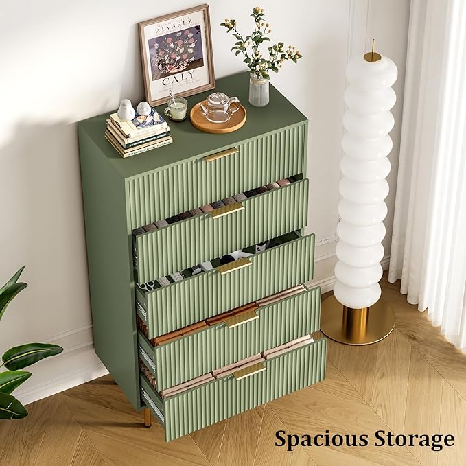 GarveeHome 5 Drawers Dresser for Bedroom, Fluted Dresser Chest of Drawers with Handle, Wood Modern Dressers for Closet, Bedroom Furniture Storage Organizer for Living Room, Hallway