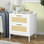 Giluta White nightstands Set of 2, Farmhouse Rattan Night Stand with 2 Drawers, 2 Rattan Drawers, Boho Bedside Table End Table for Small Space, Bedroom
