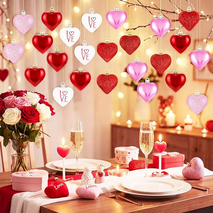 XmasExp Valentines Day Decor Heart Ornaments for Christmas Tree Decorations Set of 24 Pink Heart Shaped Bauble Perfect for Valentine's Day Wedding Anniversaries and Party Supplies