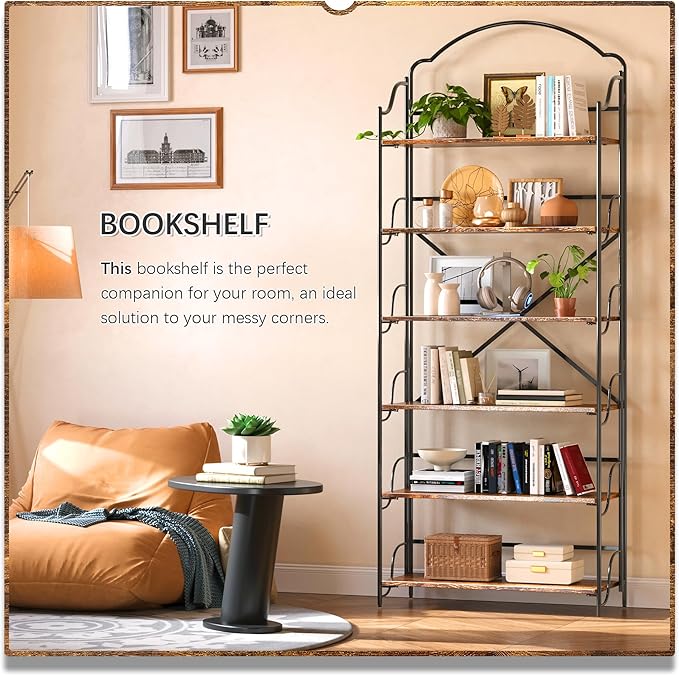 4NM No Assembly Folding Bookshelf for Living Room, 6 Tiers Collapsible Book Shelves Open Industrial Foldable Bookcase Storage Shelf for Home Office - Rustic Brown Black