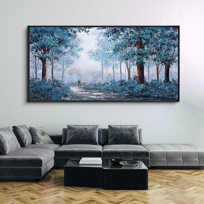 KLAKLA Framed Navy Blue Wall Art - Large Wall Art - Multi-layered Paint Overlay Effect Blue Leaves Plant Forest Picture Artwork Living Room Bedroom Wall Decor