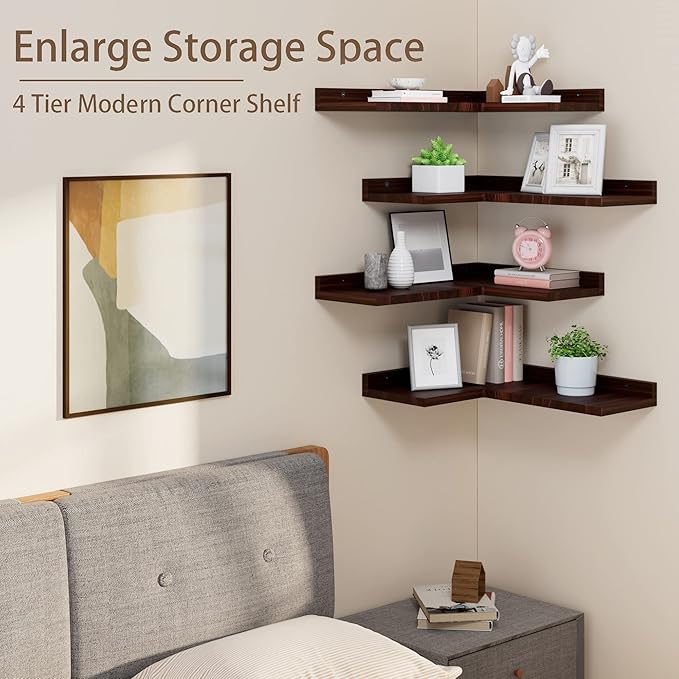 4 Tier Floating Corner Shelves Set of 4, Rustic Pine Wooden Floating Corner Wall Shelf for Wall Décor Storage, L Shaped Corner Shelf Wall Mount for Bedroom, Living Room, Bathroom, Kitchen, Red Brown.