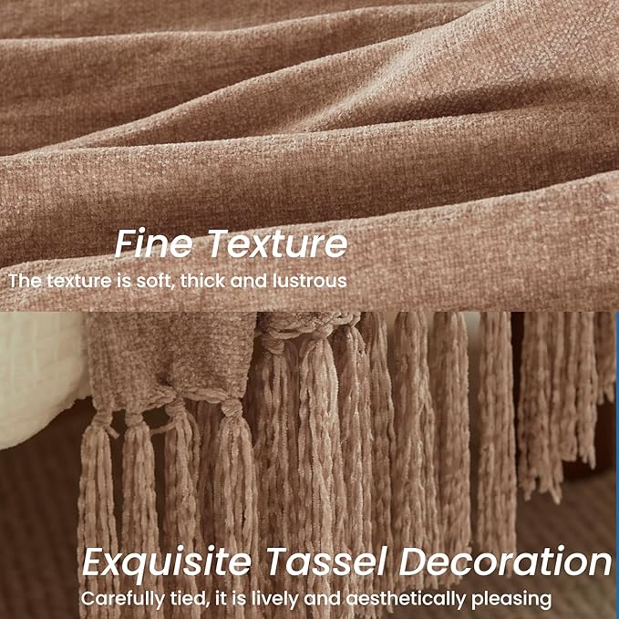 Light Taupe Chenille Throw Blanket for Couch Bed，Soft Cozy Throw Blanket with Handmade Fringe, Decorative Blanket for Sofa Chair Living Room for Gift