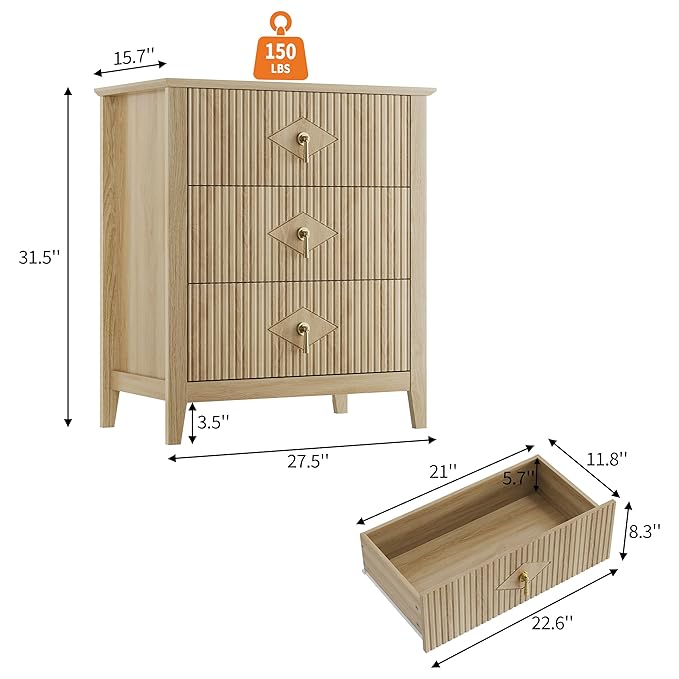 GarveeHome Wood Nightstand Fluted Dresser for Bedroom, 27.5" Wide 3-Drawer Bedside Tables, Modern Chest of Drawers, Storage End Table Living Room, Hallway, Entryway, Natural Oak