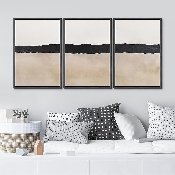 MUDECOR Framed Wall Art Print Set Minimalist Abstract Black Horizontal Brushstroke Illustrations Modern Art Boho Decorative Colorful Chic for Living Room, Bedroom, Office - 24"x36"x3 Black