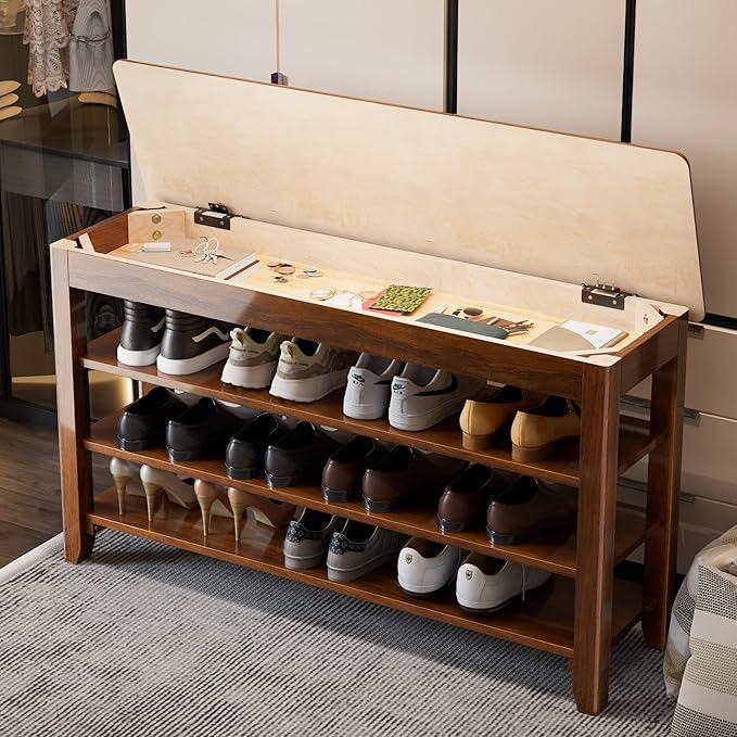 Shoe Storage Bench for Entryway - 4 Tier Shoe Rack for Front Door Entrance, Rubberwood Shoe Rack with Bench Height Adjustable, Entryway Bench with Shoe Storage for Any Room (Walnut, 39.4" W)