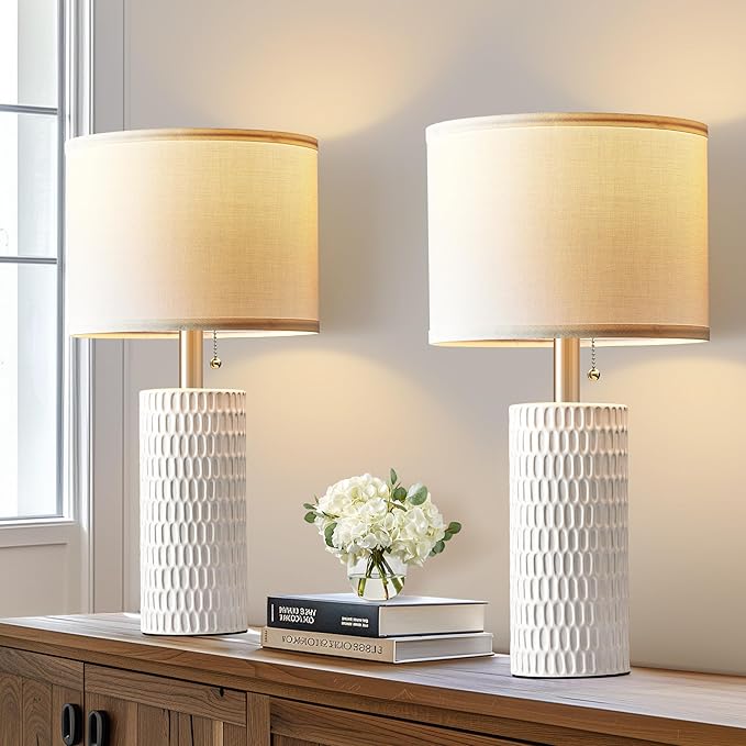 20" Small Bedside Table Lamps for Bedroom Set of 2, Modern Lamps for Night Stands, Farmhouse Table Lamps for Living Room, Home Office and Hallways,White