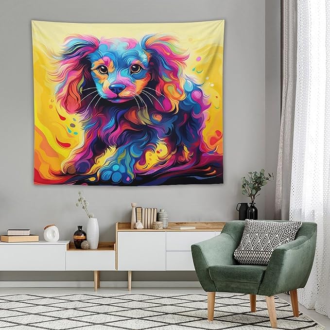 VUMIVI Colorful Cute Dog Tapestry Rainbow-Hued Oil Painting Pet-Themed Abstract Art Print Tapestry Wall Hanging for Living Room Bedroom Dorm Classroom Aesthetic Decor W60xL50in
