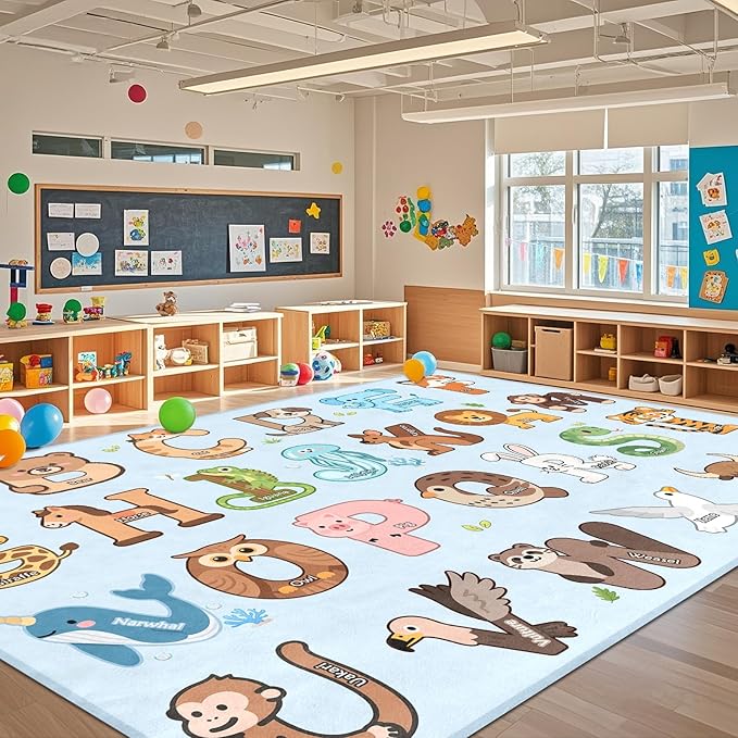 ABC Kids Rugs for Playroom - 9x12 Feet Large Classroom Rug for Kids Preschool Educational Learning Animal, Alphabet Rugs Children Toddler Nursery Kindergarten Decor, Blue