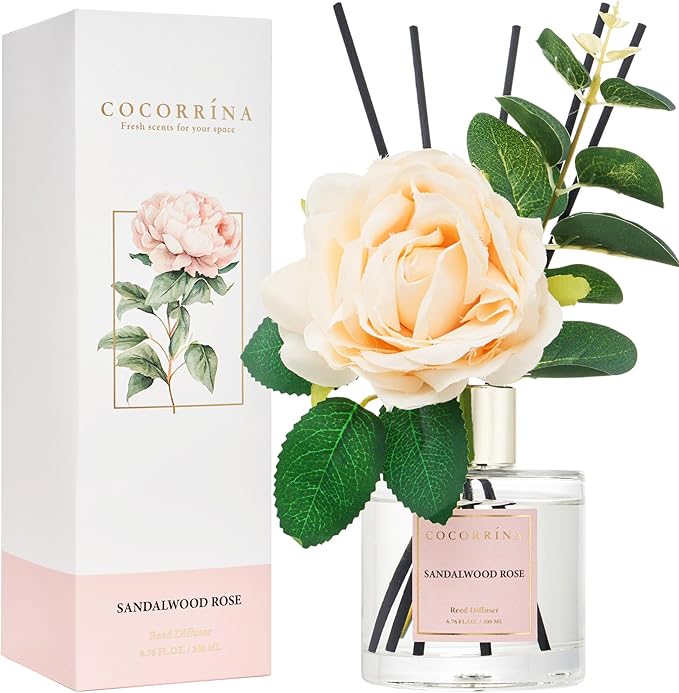 Cocorrina Reed Diffuser Set, Flower Reed Diffuser Sandalwood Rose 6.7 oz, Scented Diffuser with Sticks Home Fragrance Essential Oil for Bathroom Shelf Decor, Living Room, Large Room, 1pack