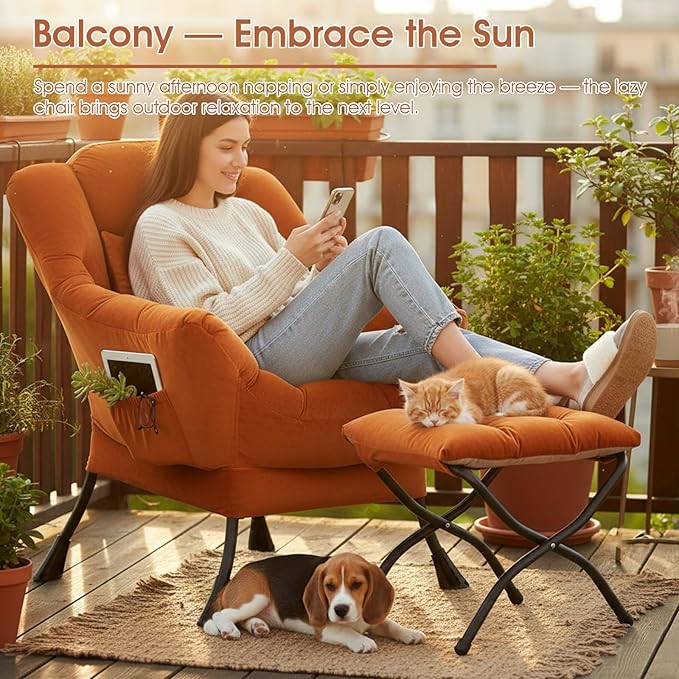 Tangerine Lazy Chair with Ottoman, Large Velvet Lounge Accent Chair with a Throw Pillow, Comfy Leisure Sofa Chair for Living Room Bedroom Dorm Room Office Apartment Reading Relaxing Use