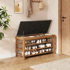 Rubber Wood Shoe Bench with Storage, Flip-Top Soft-Close Lid, Adjustable Shelves, Cushioned Entryway Shoe Rack Organizer, 39.4''