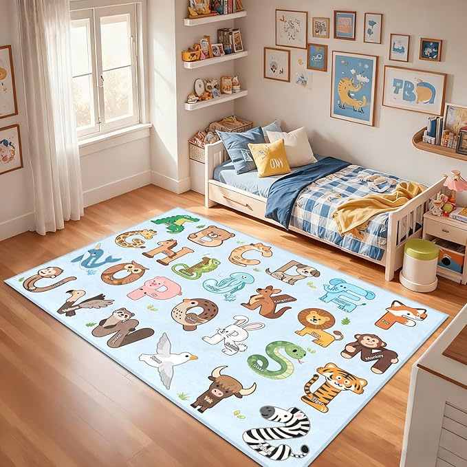 Kids Rugs for Playroom - 3x5 Feet ABC Alphabet Rug for Kids Room Educaitonal Learning Animal, Preschool Rug for Children Toddler Bedroom Nursery Kindergarten Decor, Blue