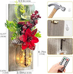 Mason Jars Sconce Decor Rustic Wall Sconces Handmade Wall Art Hanging Design with Remote Control LED Fairy Lights and Red Berry, Xmas Farmhouse Wall Home Decor Living Room Lights Set of Two