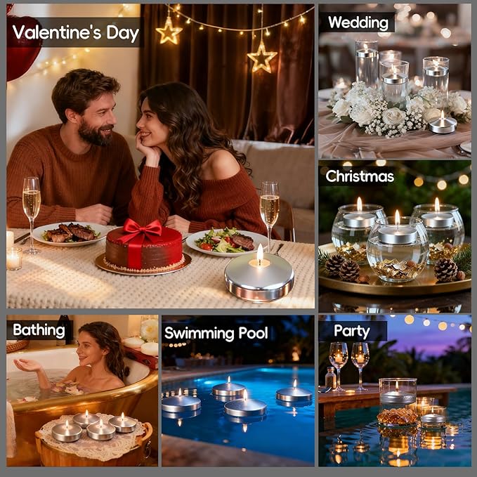 3 inch Floating Candles 8-9 Hours Silver Floating Candle for Centerpieces 30 Packs Unscented Floating Candles 3” Water Candles for Cylinder Vases, Pool, Wedding