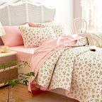 Wake In Cloud - Floral Quilt Set, Coquette Cottagecore Shabby Chic Flower Pattern for Women Teen Girls, Reversible Lightweight Bedspread Coverlet, 3 Pieces, Peach Blush, Queen/Full Size