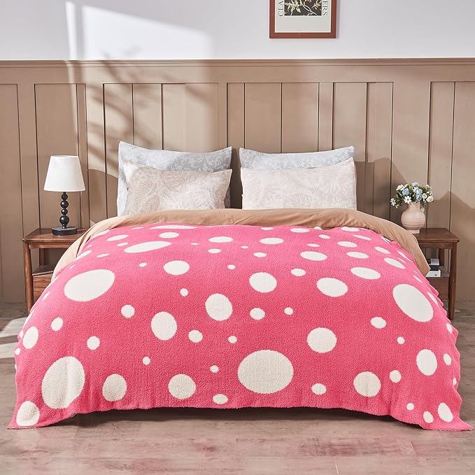 CozeCube Super Soft Fullfy Microfiber Reversible Knitted Blankets, Warm Cozy Fuzzy Plush Throw, Hot Pink and White Polka Dot Throw Blanket for Couch Bed Sofa, 60" x 80"