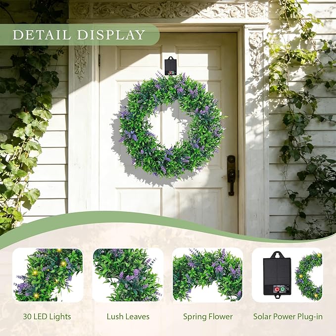 Solar Spring Wreath 16inchWreath for Front Door Pre-lit 30LED Spring Summer Decor for Outside Artificial Eucalyptus Lavender Wreath with Colorful Lights for Door Wall Farmhouse Decor