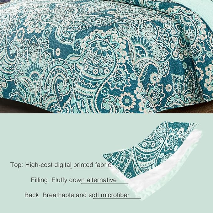 Whale Flotilla Reversible Printed Quilt King Size, Extra Soft Boho Paisley Floral Bedspreads for Bed Lightweight King Quilt Bedding Set Coverlets with 2 Pillow Shams for All Seasons, Turquoise
