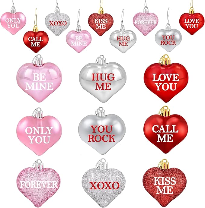 Tifeson 36Pcs Valentine's Day Heart Ornaments, Red Pink Silver Heart Shaped Valentine Ornaments for Tree Conversation Heart Decorations for Valentines Home Anniversary Decor