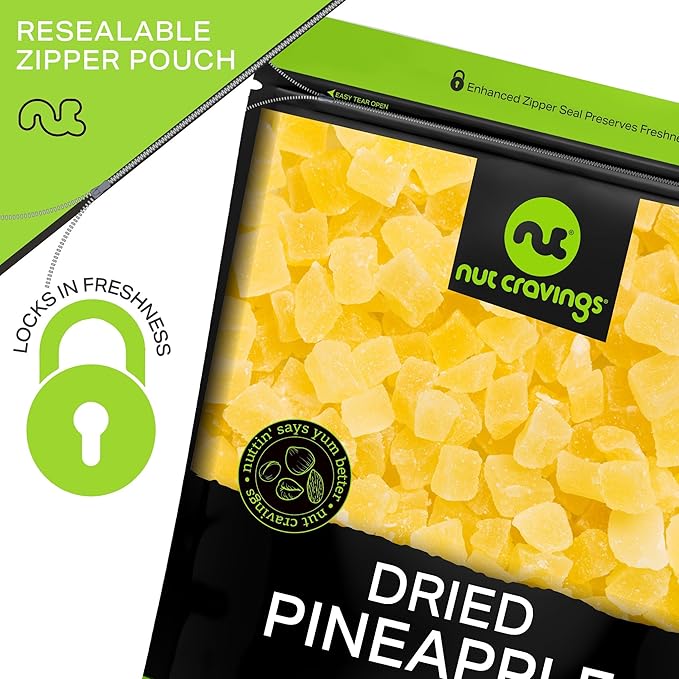 NUT CRAVINGS - Dried Pineapple Chunks, Lightly Sweetened (32oz, 2 LB) Tu Bishvat Favorite - Sweet Healthy Snack, Vegan, Kosher, Resealable Bag