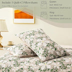 Whale Flotilla Reversible Printed Quilts Queen Size, Extra Soft Boho Floral Leaf Bedspreads for Bed Lightweight Full Queen Quilt Bedding Set Coverlets with 2 Pillow Shams for All Seasons, White Bone