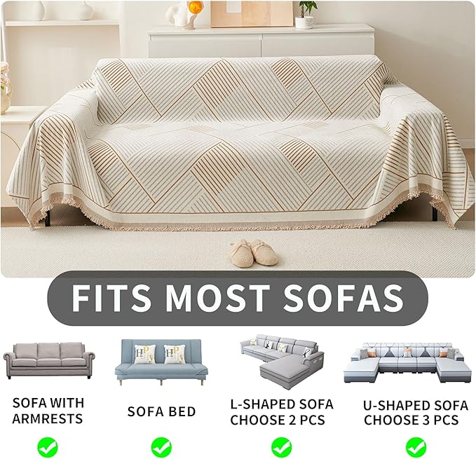 HAOMAIJIA Non Slip Couch Cover Sofa Covers for 2 Cushion Couch Washable sectional Couch Covers for Dogs pet Furniture Protector Couch Cover Blanket for Living Room (CQ-Khaki/Grey, 71"x102")