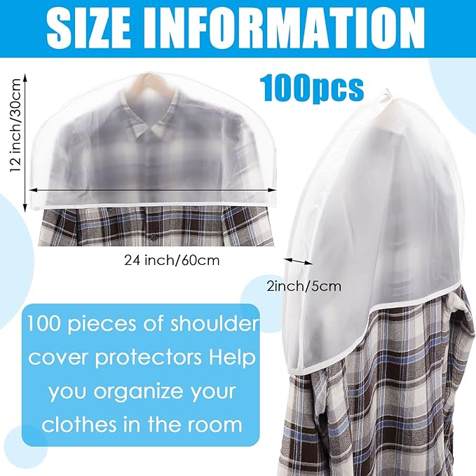 Patelai 100 Pcs Shoulder Covers for Hanging Clothes 24 x 12 x 2 Inches Plastic Garment Dust Covers Protectors with 2" Gusset for Closet Storage Suit, Coats, Jackets, Dress Closet Storage