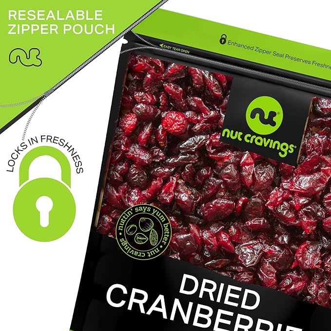 NUT CRAVINGS - Dried Whole Cranberries, Lightly Sweetened, Unsulphured (48oz, 3 LB) Tu Bishvat Favorite - Sweet Healthy Snack, Vegan, Kosher, Resealable Bag