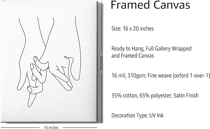 Holding Hands Wrapped Canvas Wall Art Interlocking Fingers Continuous Line Drawing Love 11x14 Inch Gallery Stretched Modern Home Art Decor