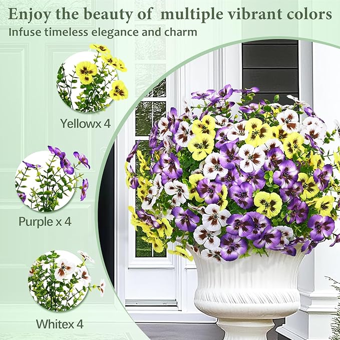 MARTINE MALL 12 Bundles Look Real Artificial Flowers for Outdoors, Realistic Fake Outdoor Flowers, UV Resistant Silk Pansy Flowers for Outside Faux Flower Plants for Outdoor Porch Garden, Mixed Colors