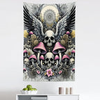 Ambesonne Gothic Tapestry, Blushy Mushrooms and Wingy Skull with Lace and Cactus Flowers Art Boho, Fabric Wall Hanging Decor for Bedroom Living Room Dorm, 30" X 45", Pink Grey Yellow Mustard