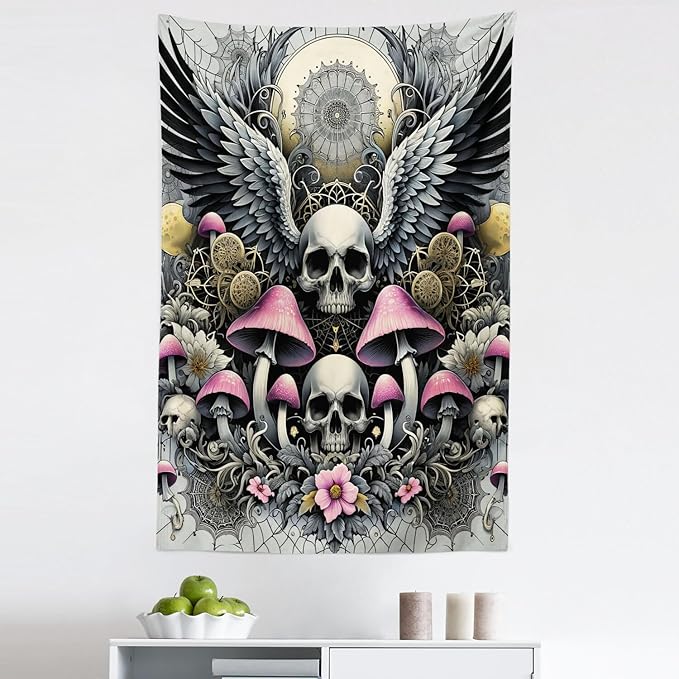 Ambesonne Gothic Tapestry, Blushy Mushrooms and Wingy Skull with Lace and Cactus Flowers Art Boho, Fabric Wall Hanging Decor for Bedroom Living Room Dorm, 30" X 45", Pink Grey Yellow Mustard