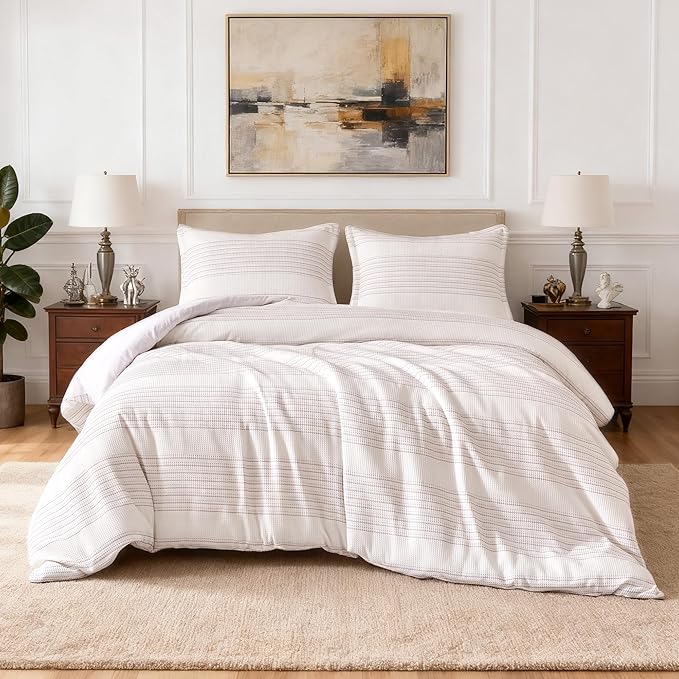 Amazon Basics Waffle Weave Microfiber 3-Piece Duvet Cover Set, Includes 1 Duvet Cover and 2 Pillow Shams, Full, Pink Striped