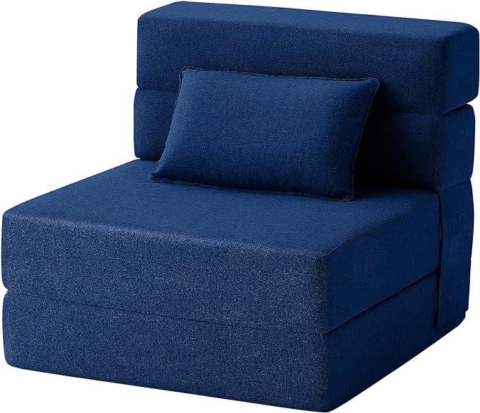 FILUXE Convertible Folding Sofa Bed - Sleeper Chair with Pillow, Modern Linen Fabric Floor & Futon Couch, Foldable Mattress for Living Room/Dorm/Guest Use/Home Office/Apartment, Single Size, Navy Blue