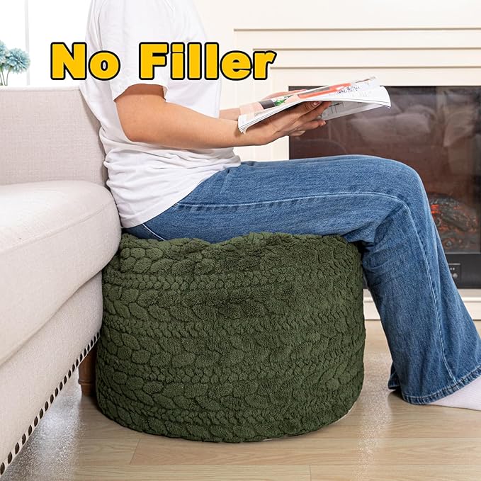 Unstuffed Ottoman Pouf Cover – Round Faux Fur Footstool Plush Floor Pouf (No Filler Included) Perfect for Living Room, Bedroom, or Office Lounge (Green, 26x26x18 in)