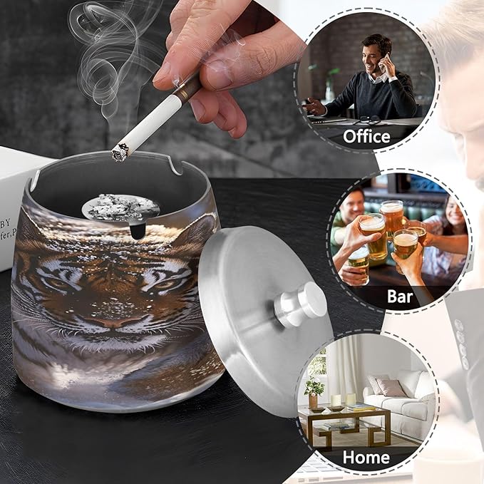 Tiger Snow Ashtray with Lid, Outdoor Ashtrays for Patio, Stainless Steel Ashtray Odorless Smokeless for Home Office Balcony