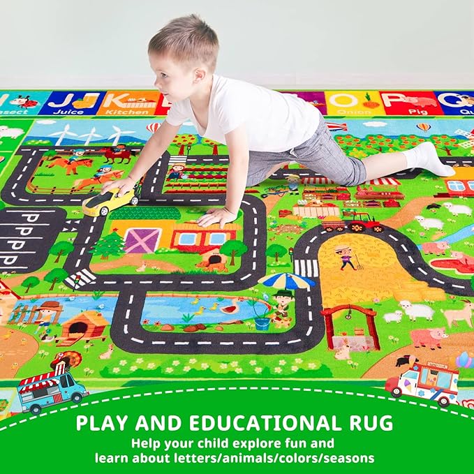 Kids Rug ABC Farm Play Mat for Toy Cars, 59"×39.4" Farm Life Road Traffic for Playroom Kids Car Road Rugs Village Map Play Mat Non-Slip Washable Play Rug for Toddlers Boys Room Playtime
